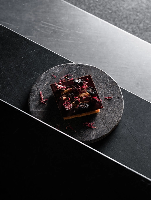 Decadent chocolate dessert served for Valentine's Day at the Dans le Noir ? restaurant