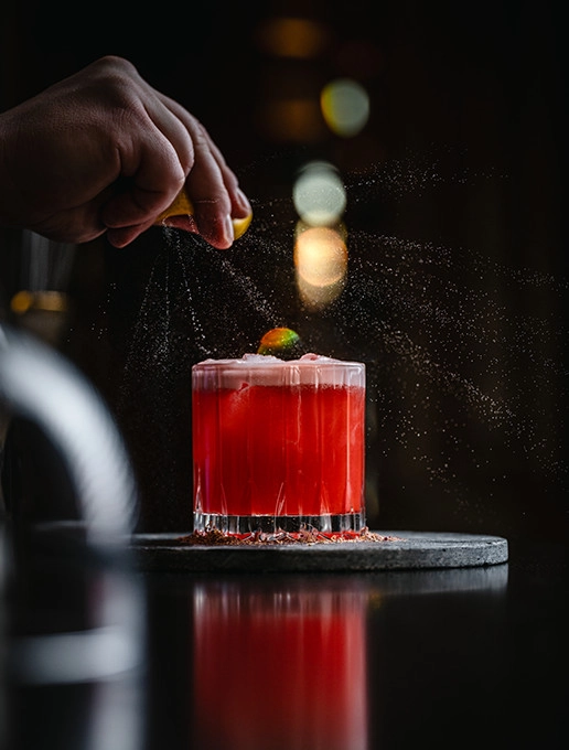 Pink cocktail served during a Valentine's Day evening at the Dans le Noir ? restaurant.