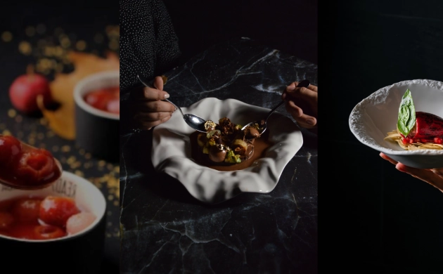 Trilogie de plats gastronomiques dressés dans une ambiance sombre et élégante, mettant en valeur textures, couleurs et expérience sensorielle de la dégustation