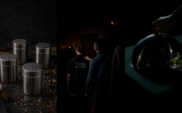 Montage montrant un cocktail, des convives guidés dans l’obscurité et un dîner sensoriel ochez Dans le Noir ?.