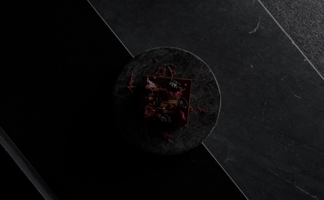 Assiette gastronomique sur fond sombre, illustrant un plat raffiné servi dans un restaurant insolite à Tours au sein du Westotel.