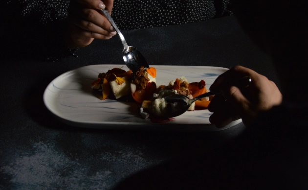 Convives dégustant un plat dans une ambiance sombre chez Dans le Noir ? Tours, pour une expérience sensorielle immersive.