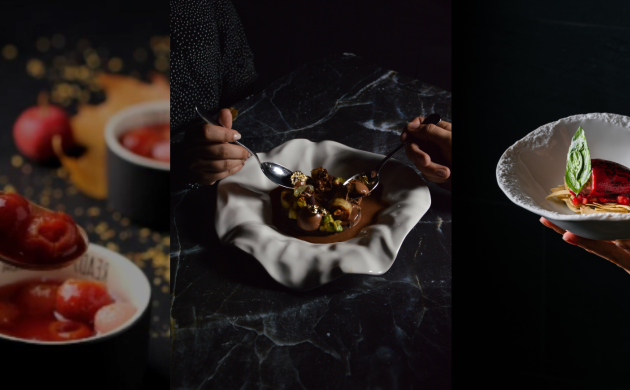 Trilogie de plats gastronomiques dressés dans une ambiance sombre et élégante, mettant en valeur textures, couleurs et expérience sensorielle de la dégustation