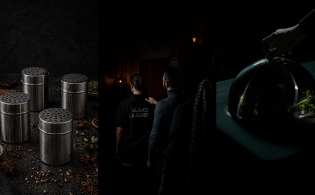 Montage montrant un cocktail, des convives guidés dans l’obscurité et un dîner sensoriel ochez Dans le Noir ?.