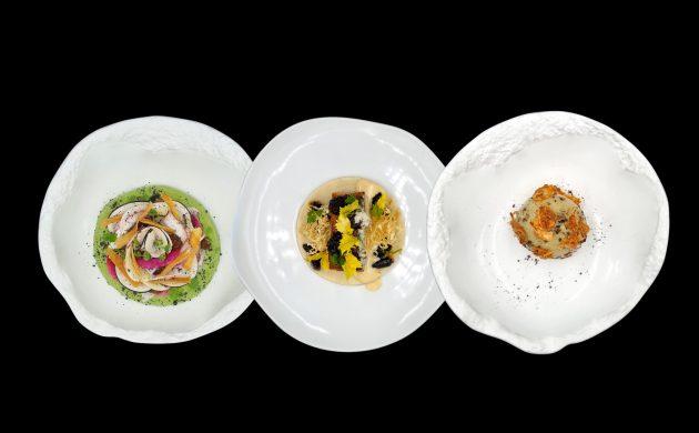 Trois assiettes gastronomiques présentées sur fond noir pour une expérience sensorielle Dans le Noir ?
